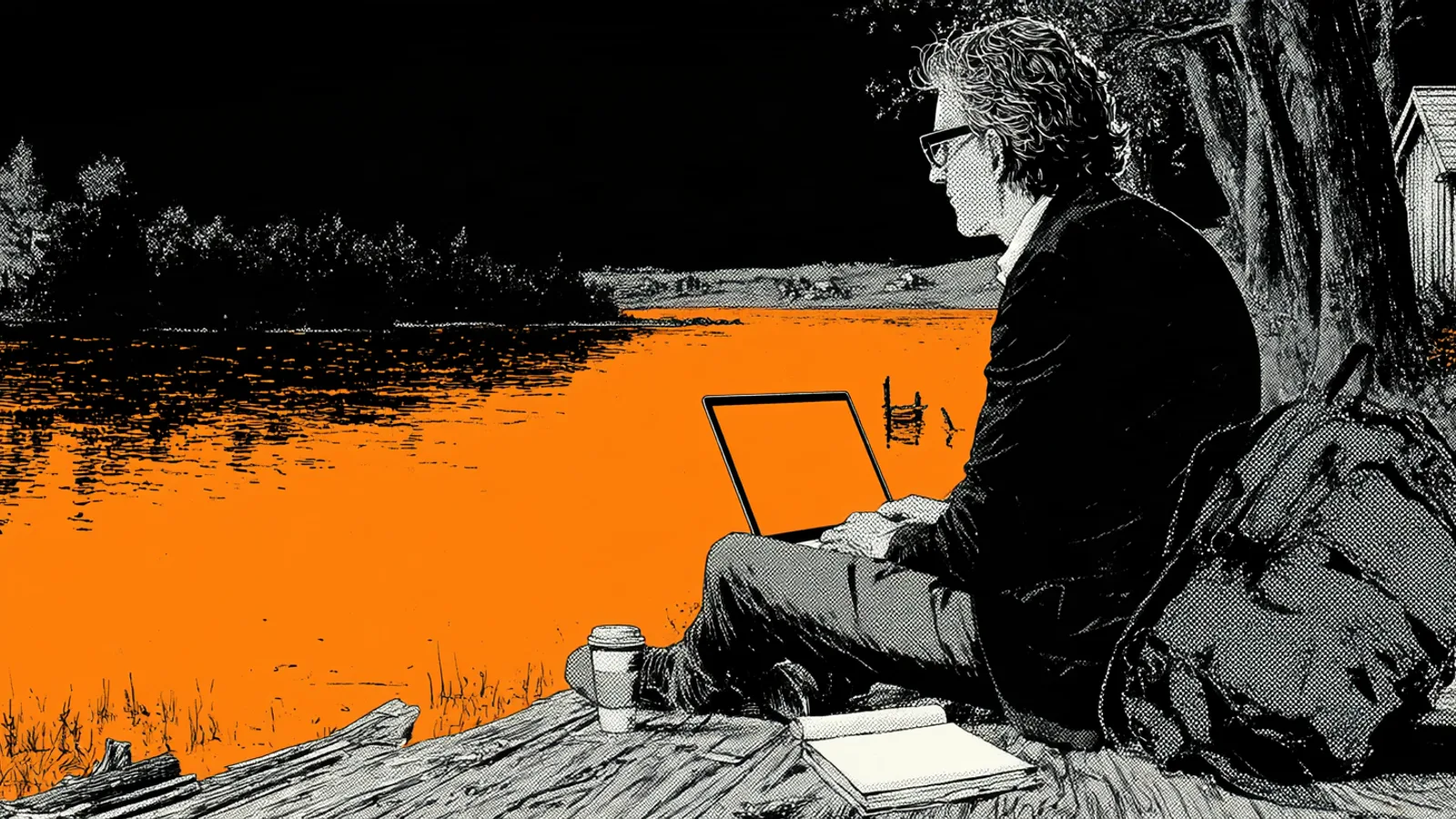 A founder working on a laptop at a lakeside dock at dusk, the water glowing orange, coffee and a notebook beside him